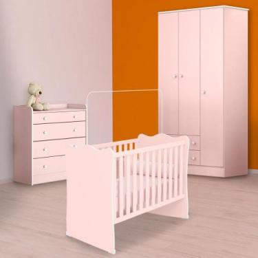 Imagem de Quarto Infantil Berço, Cômoda Trocador e Guarda Roupa Rosa - Qmovi