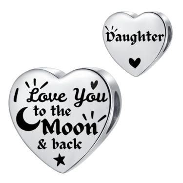 Imagem de MiiFort Pingente de coração prata para família com berloques Pandora "I Love You to the Moon and Back", contas de aniversário para mulheres, aço inoxidável, One Size, Aço inoxidável, Sem Pedra