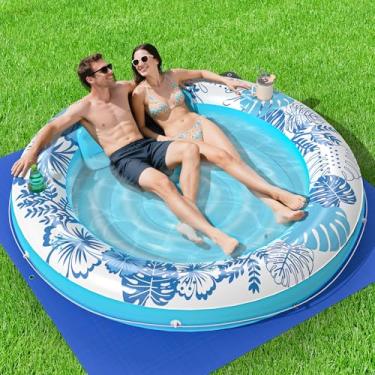 Imagem de Espreguiçadeira inflável para piscina de bronzeamento com lona de proteção, flutuadores de piscina de 190,5 cm x 190,5 cm adulto com travesseiro, boia de jangada de banheira de bronzeamento 6 em 1