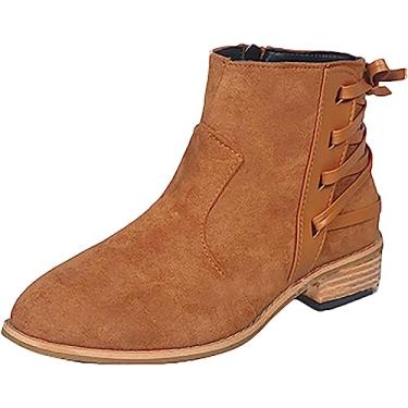 Imagem de Botas de cano curto femininas bico redondo salto baixo moda zíper lateral grosso empilhado botas curtas com estampa de leopardo, Marrom, 6.5