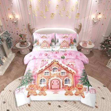 Imagem de Conjunto de cama casal, 7 peças, casa de pão de gengibre, cama de Natal rosa feliz em uma bolsa, conjunto de cama de árvores de Natal inclui edredom, conjunto de lençóis, fronhas e fronhas, decoração