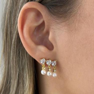 Imagem de Brinco Trio Pérolas Coração Zircônia Banhado em Ouro 18k - Anastásia J