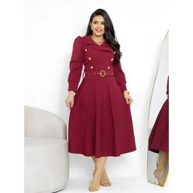 Imagem de Vestido Midi Elegante Manga Longa Social com Cinto Moda Evangélica Fes