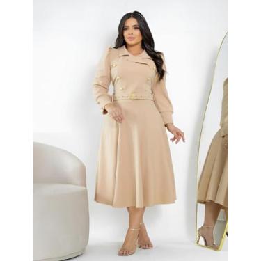 Imagem de Vestido Midi Elegante Manga Longa Social com Cinto Moda Evangélica Fes