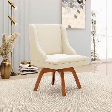 Imagem de Cadeira Decorativa Sala De Jantar Base Giratória De Madeira Firenze Veludo Bege/natural