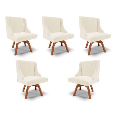 Imagem de Kit 5 Cadeiras Decorativas Sala De Jantar Base Giratória De Madeira Firenze Veludo Bege/natural G19