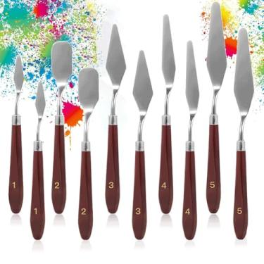 Imagem de 10 peças de faca de palete, espátula de aço inoxidável, facas de artista de metal, cabo de madeira, acessórios de pintura a óleo, raspador de mistura de cores para óleo, tela, pintura acrílica