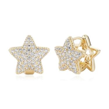 Imagem de HZMAN Brincos de argola pequenos banhados a ouro redondos/ovais/estrelas, hipoalergênicos, leves, grossos, incrustados com zircônia cúbica cintilante, Latão, Zircônia cúbica