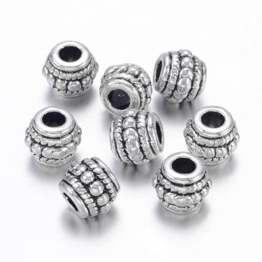 Imagem de 20 peças de contas de liga de estilo tibetano, contas soltas em forma de barril de prata antiga, berloque de fabricação de joias a granel para colar, pulseira, brinco e artesanato DIY, 8 x 6,5 mm