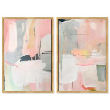 Imagem de Blush Oasis Minimalista Conjunto de 2 Painéis Impressão em Tela Sala de Estar Arte de Parede por Art Remedy, Moldura Dourada, 50 x 76 cm