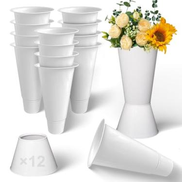 Imagem de CATWEST.art Pacote com 12 baldes de flores de plástico, baldes de flores brancas de 38 cm para flores cortadas com base, vaso de plástico multiuso para suporte de exibição de flores, suprimentos para