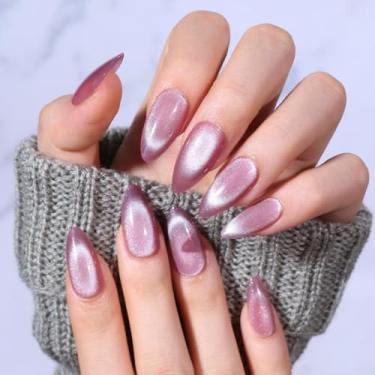 Imagem de 30 peças de unhas de pressão de amêndoa média, ponta francesa, purpurina, cobertura completa, cola em bastão de unha para mulheres (nº 08 roxo rosado)