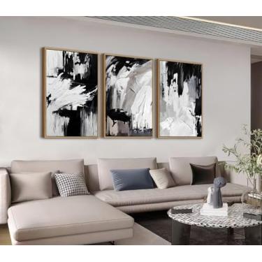 Imagem de Shoci Arte de parede grande emoldurada abstrata em tela de grafite preto e branco moderna cinza marrom tinta rabiscado impressão de imagem flutuante natural emoldurada textura simples decoração para