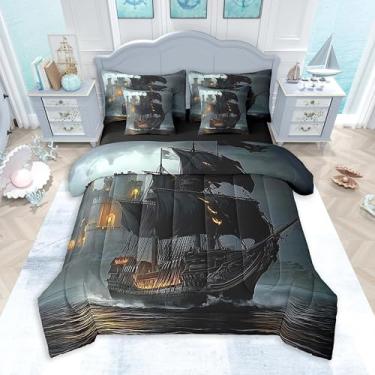 Imagem de Feelyou Conjunto de edredom casal, navio pirata, 7 peças, luar, oceano, mar, para meninos e meninas, em uma bolsa com edredom, lençóis, fronhas e capas de almofada