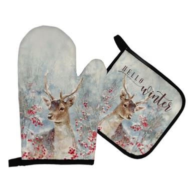 Imagem de Qeheb Conjuntos de luvas de forno e suportes de panela de inverno para veados, luvas de forno de Natal Hello Winter Cottagecore Farmhouse, presentes de veado para mulheres sobre luvas para decoração
