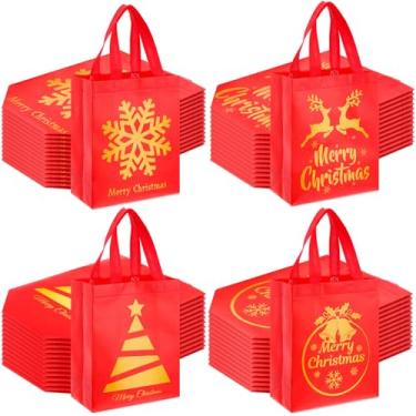 Imagem de Wesnoy 48 sacos de presente de Natal a granel 25 x 20 x 10 cm, sacos de guloseimas de ouro vermelho, reutilizáveis, não tecidos, lembrancinhas de festa de Natal, sacolas de doces com alças para