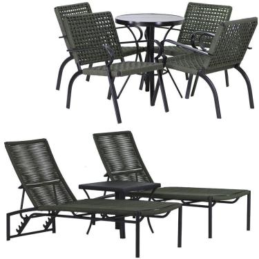 Imagem de 2 Espreguiçadeiras E Cadeiras E Mesa Piscina Jardim Trama Verde