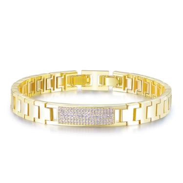 Imagem de TRENDOLLA Pulseira masculina de aço inoxidável, pulseira de corrente de elos cubanos hiphop grossa de 7,5/20.3 cm, ouro branco e banhado a ouro 14K, One Size, Zircônia cúbica, Zircônia cúbica