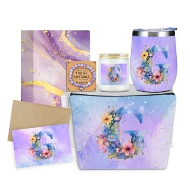 Imagem de Presentes personalizados monograma presentes de aniversário para mulheres, sua funcionária inauguração de casa natal inicial copo de vinho bolsa de maquiagem conjunto de pulseira vela perfumada (flor