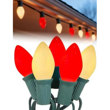 Imagem de Luzes de Natal vermelhas e brancas de 25 m, cordão de luzes de Natal C7 com 27 lâmpadas de cerâmica vermelhas e brancas (2 sobressalentes), luzes incandescentes vintage para festas de casamento no