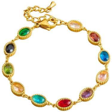 Imagem de Pulseira feminina de cristal multicolorido banhada a ouro delicada - elegante pulseira de tênis colorida com zircônia cúbica arco-íris, Zircônia cúbica Zircônia cúbica Liga metálica, Sem Pedra