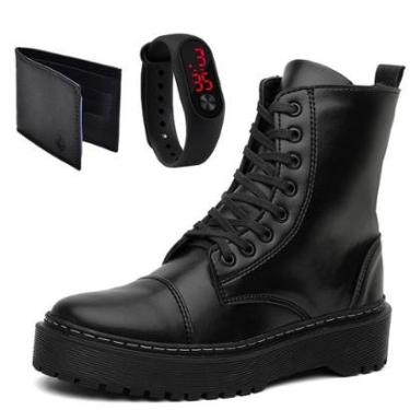 Imagem de Kit Bota Coturno Feminina Tratorada Cano Medio Lisa com Carteira e Relogio-Feminino