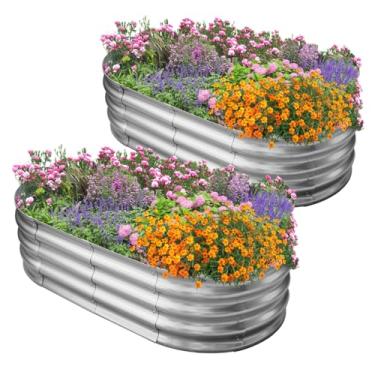 Imagem de TATAANTY Canteiro de jardim galvanizado elevado para exterior: Kit de recipiente de plantas vegetais de metal durável de 1,2 x 2,5 m - Caixa oval para jardim e calha de flores (pacote com 2)