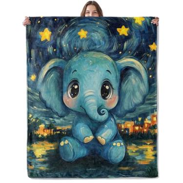 Imagem de Lugiu Cobertor de elefante de noite estrelada, leve, confortável, fofo, azul, elefantes, cobertores para sofá, quarto, cobertor macio de flanela para viagem, presentes para mulheres, adultos e