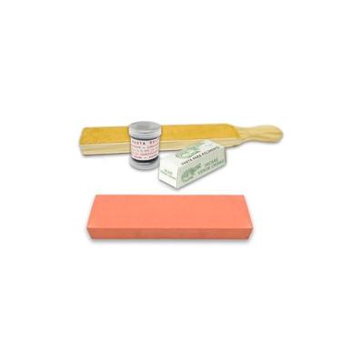 Imagem de Pedra de Afiar Facas 20 cm #400 + Strop de Couro Dupla Face + 1 Pasta Diamantada para Afiação + 1 Pasta Abrasiva Jacaré Verde Cromo para Polimento e Afiação de Facas, Lâminas e Metais