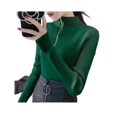 Imagem de Suéter Feminino De Tricô Gola Alta Slim Com Zíper Pulôver Básico Sólid