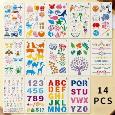 Imagem de 14 peças de estênceis para pintura, estêncil reutilizável, artesanato, modelos de desenho, papel de parede de férias para scrapbook faça você mesmo, casa, 17 x 10 cm (branco)