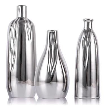 Imagem de Conjunto de 3 mini vasos de cerâmica prateados brilhantes, pequenos vasos de cerâmica para decoração, vasos de botão para mesa de cabeceira, cozinha, bandeja de mesa de centro para casa de fazenda