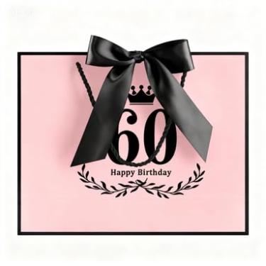 Imagem de JMANNI Bolsa de presente de aniversário de 60 anos, rosa com laço de cetim preto e design de coroa, grande bolsa de presente de feliz aniversário de 60 anos para lembrancinhas de festa, tamanho 36 x