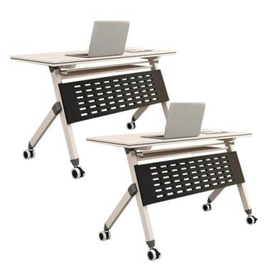 Imagem de SPXMQSS Mesa de conferência dobrável, mesa de treinamento de escritório móvel mesas de reunião dobráveis brancas modernas mesa de reunião dobrável com rodas para sala de aula, escritórios 2 peças 140