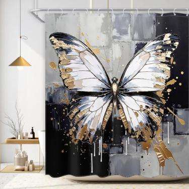 Imagem de Ufeela Cortina de chuveiro borboleta preta 182 cm L L x 182 cm pintura a óleo ouro cinza bonito animal moderno estética contemporânea elegante conjunto de banheiro feminino cortina de banho acessórios