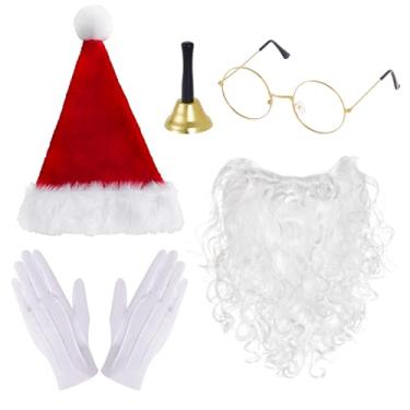 Imagem de Rthjsfj Conjunto de 5 peças de fantasia de Papai Noel de Natal – barba branca, chapéu, sino de mão, óculos e luvas para homens e mulheres, acessórios de desempenho para festas de Natal, Papai Noel
