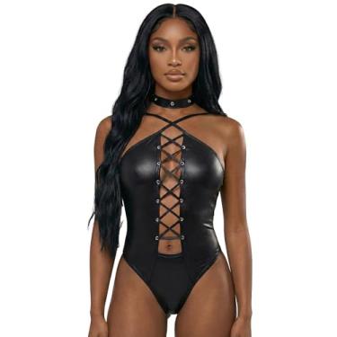 Imagem de DFangel Lingerie feminina de renda de couro para fantasia frente única tops body, Preto, GG