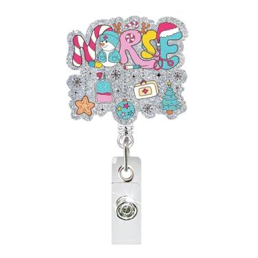 Imagem de Carretel de crachá de enfermeira de Natal bonito retrátil com design de glitter, suporte de etiqueta de nome com tema médico de inverno, clipe jacaré, suporte giratório de 360° para acessórios de