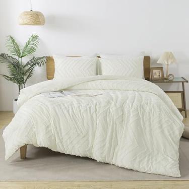 Imagem de Andency Conjunto de edredom King da Califórnia Marfim, Boho Cal King, macio, quente, tufado, neutro, 3 peças, Cali King, estético, chevron, fazenda, boêmio, texturizado, conjunto de cama