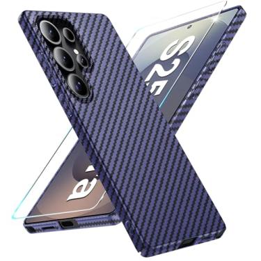 Imagem de Capa de fibra de carbono para Samsung Galaxy S25 Ultra com protetor de tela Slim Fit para Samsung S25 Ultra capa de telefone resistente durável queda fina híbrida PC capa de proteção rígida 5G (azul)