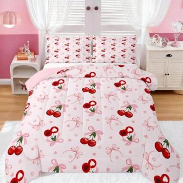 Imagem de Feelyou Conjunto de edredom infantil com laço rosa, tamanho solteiro, fofo, com laço, edredom para crianças, meninos, meninas, estilo princesa, decoração kawaii, microfibra ultramacia e respirável