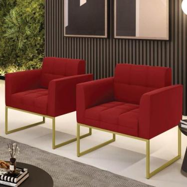 Imagem de Poltrona Sala Decorativa Kit 2 Elisa Base Industrial Dourada Veludo Ma