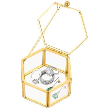 Imagem de FLKQC Caixa de joias vintage hexagonal transparente dourada, caixa de joias de vidro de 7,9 x 6,3 x 4,3 cm para exibição, decorativa, caixa de bugigangas para anéis, brincos, lembranças, estojo de
