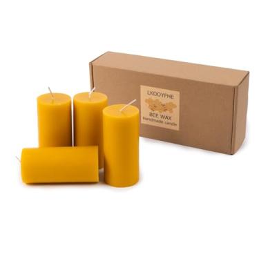 Imagem de Pacote com 4 velas de cera de abelha pura natureza, 5 x 10 cm, 120 horas de tempo de queima, velas de cera de abelha sem fumaça e sem cheiro para casa, festa, festa