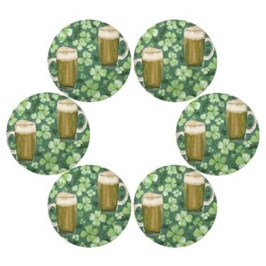 Imagem de Wassud Jogo americano conjunto de 6 copos de cerveja e trevos (2) tapetes de mesa redondos para cozinha e jantar tapetes laváveis resistentes ao calor para decoração de mesa 39 cm