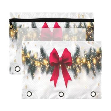 Imagem de Wassud Bolsa de lápis com laço vermelho para guirlanda de Natal para fichário de 3 anéis, bolsa de lápis transparente com zíper liso, estojo de lápis padrão, pacote com 2