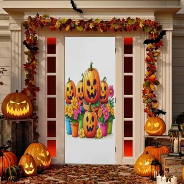 Imagem de Wassud Decoração de cobertura de porta de abóboras alegres faixa interna externa decoração de casa de varanda grande decoração de porta da frente 81 x 189 cm