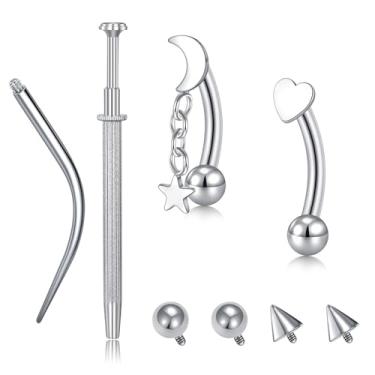 Imagem de VCMART Piercing de sobrancelha torre, aço cirúrgico, lua, estrela, coração, fio interno, torre, brincos para mulheres, halteres curvados de 8 mm, anéis hipoalergênicos para sobrancelhas, anéis de