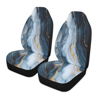 Imagem de CEBUGI Capas de assento de carro 1 peça capa de assento frontal respirável antiderrapante protetor de assento automotivo azul branco mármore textura capas de assento para a maioria dos caminhões SUV