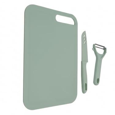 Imagem de Kit Tábua de Corte Plástica com Faca e Descascador de Legumes - Conjunto Utensílios de Cozinha Higiênico, Resistente, Fácil de Limpar - 3 Peças, (Verde)